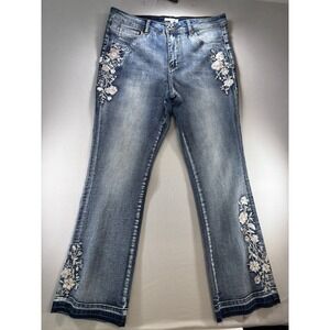 John Mark 14 Flare Jeans Blue Stretch  Denim Embroidered Raw Released Hem Boho